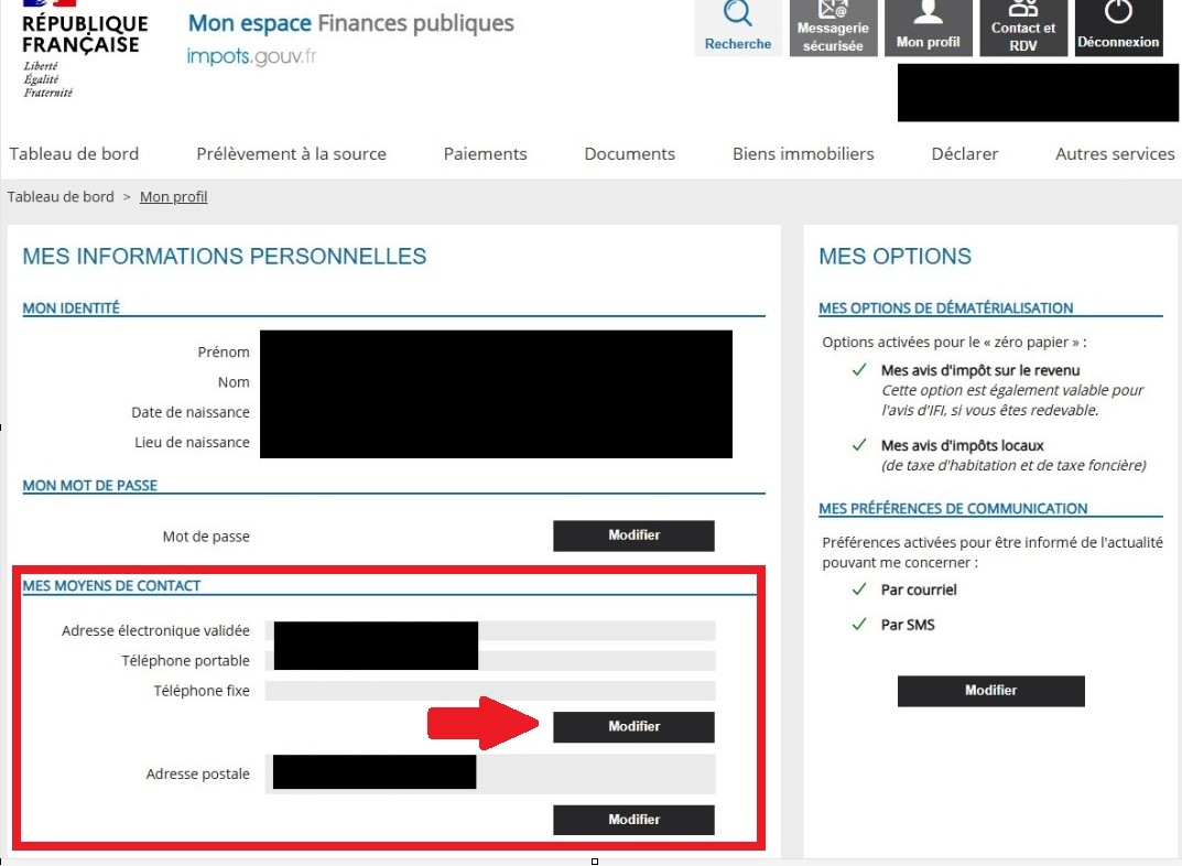 Étape 3 – Bouton Modifier dans la rubrique Mes moyens de contact