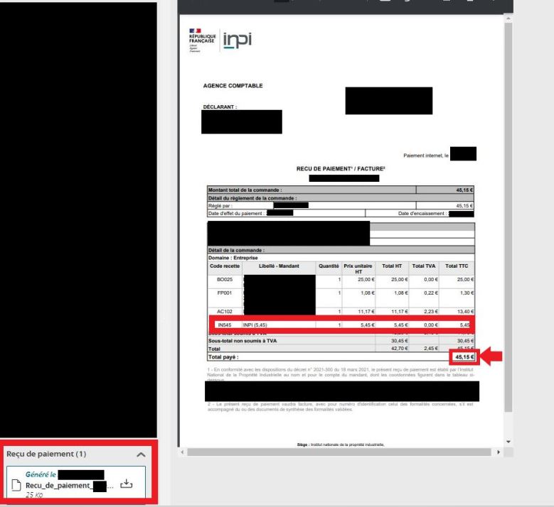 Facture dépôt compte INPI étape 3