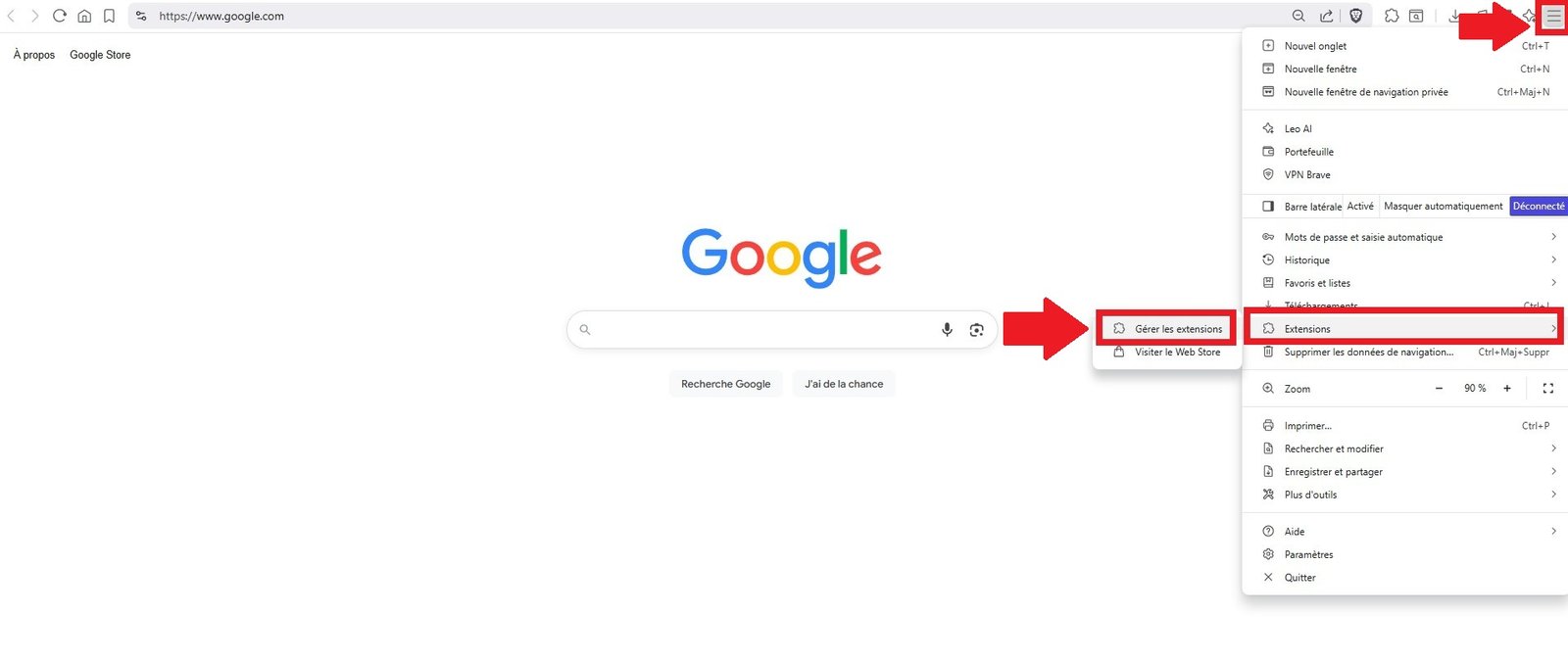 Étape 1 – Menu Extensions puis Gérer les extensions