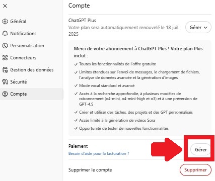 Gérer l'abonnement ChatGPT Plus