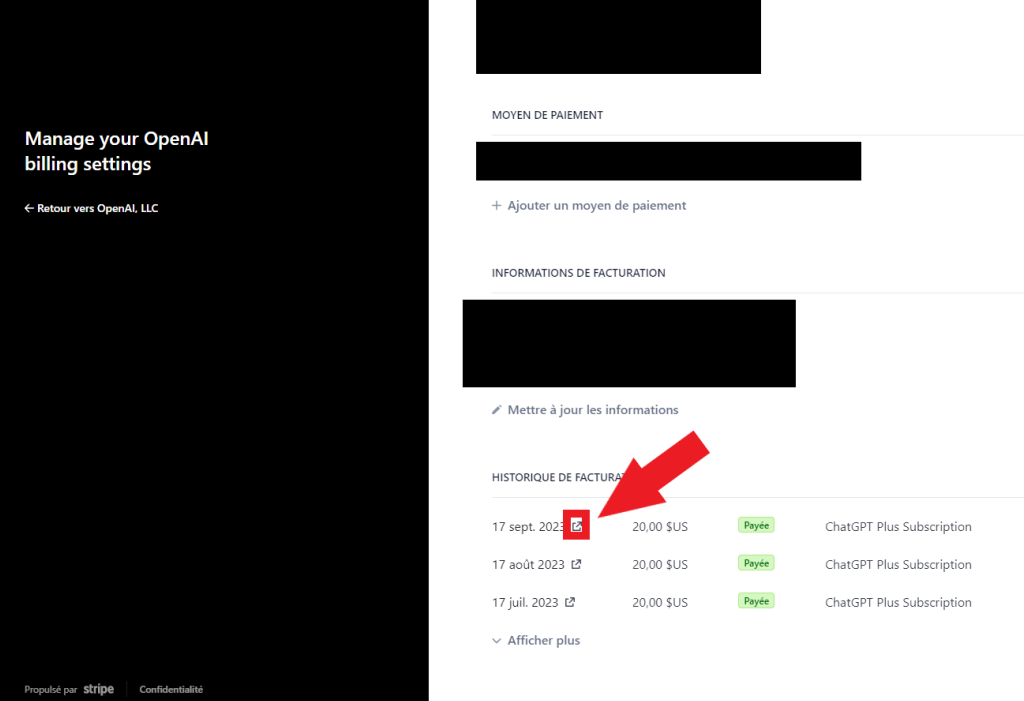 Historique de facturation de chatGPT