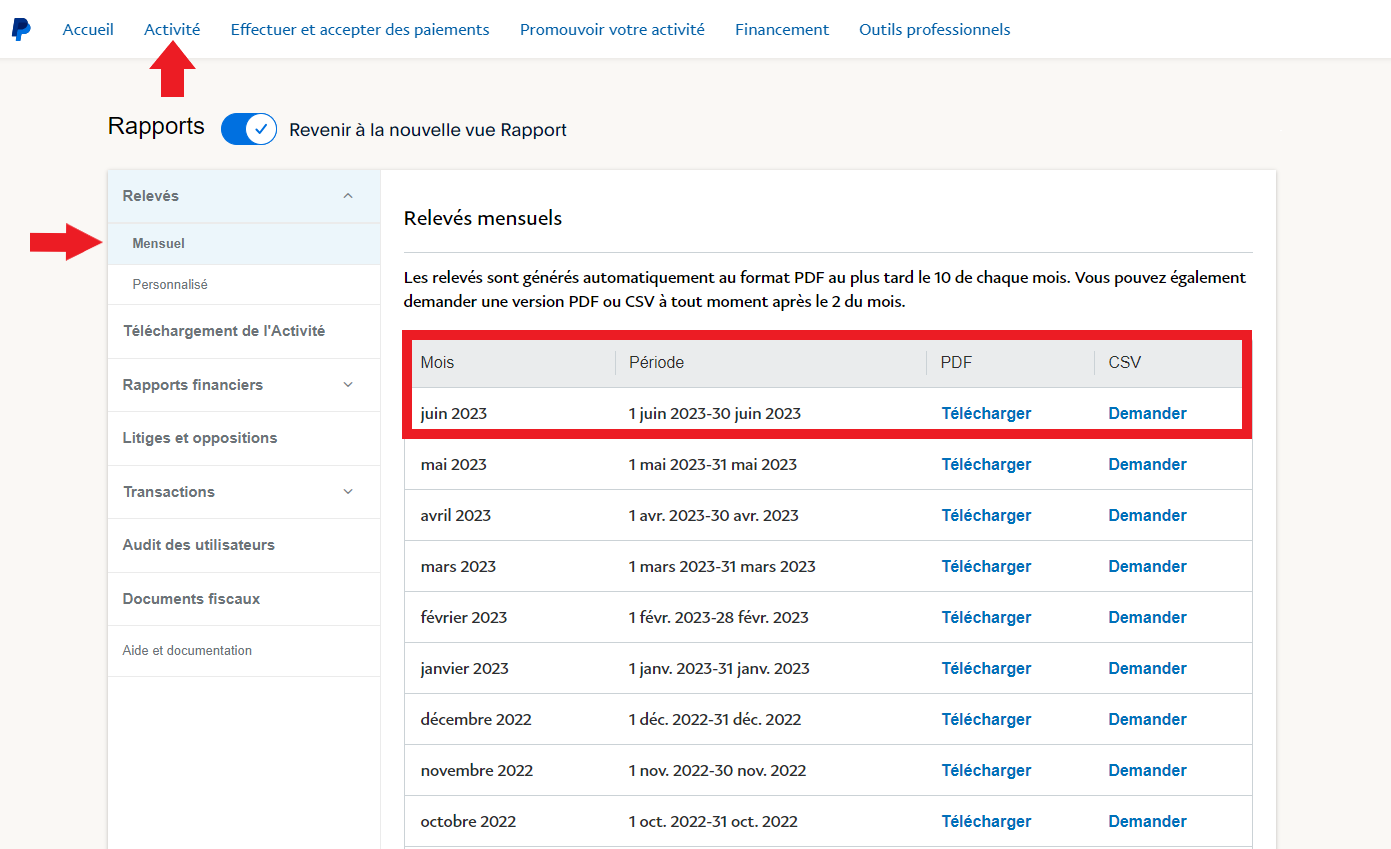 Export rapport mensuel PayPal