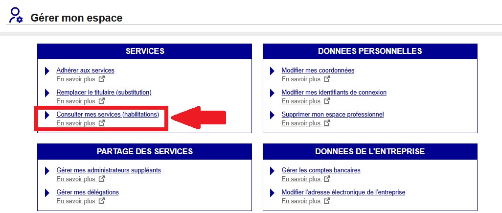Gérer mon espace : Consulter mes services habilitations