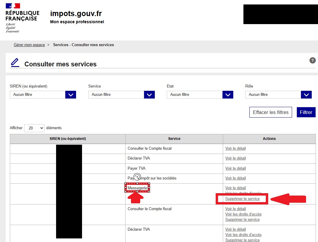 Liste des services : Supprimer le service sur la ligne du service choisi