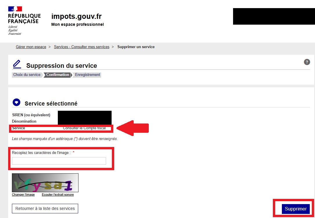 Suppression du service : service sélectionné, CAPTCHA et bouton Supprimer