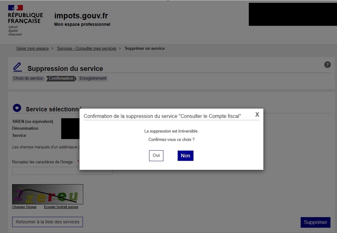 Fenêtre de confirmation irréversible de la suppression du service