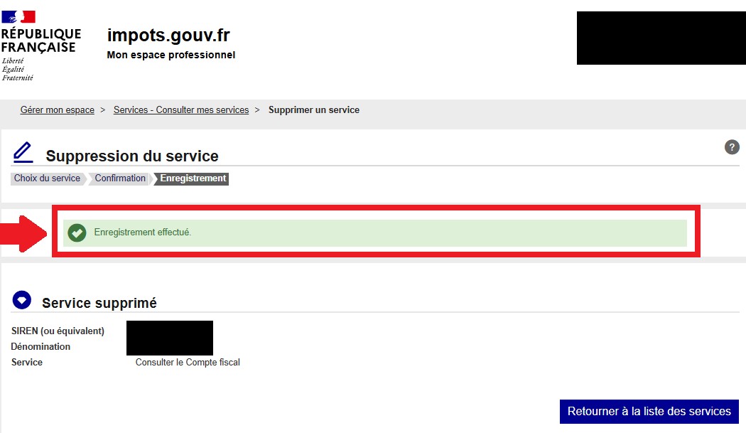 Enregistrement effectué : service supprimé confirmé