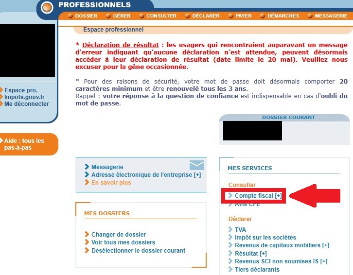 Capture d'écran montrant le menu principal avec l'option Compte fiscal mise en évidence