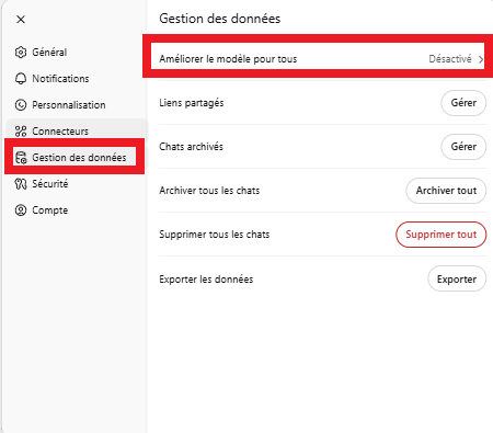 Désactiver l’option Améliorer le modèle pour tous dans ChatGPT