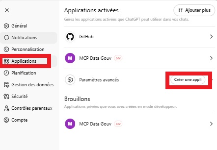 Applications activées et bouton Créer une appli