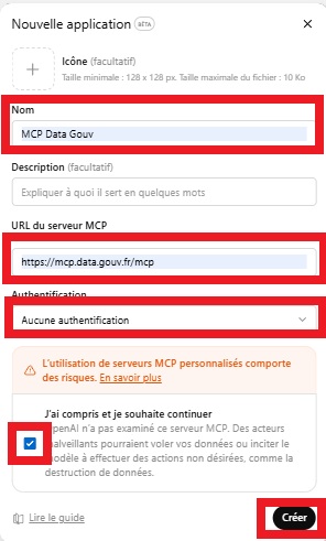 Formulaire Nouvelle application – Nom, URL MCP, authentification