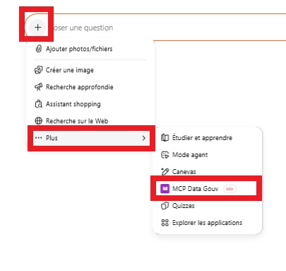 Sélection de MCP Data Gouv dans le menu Plus du chat